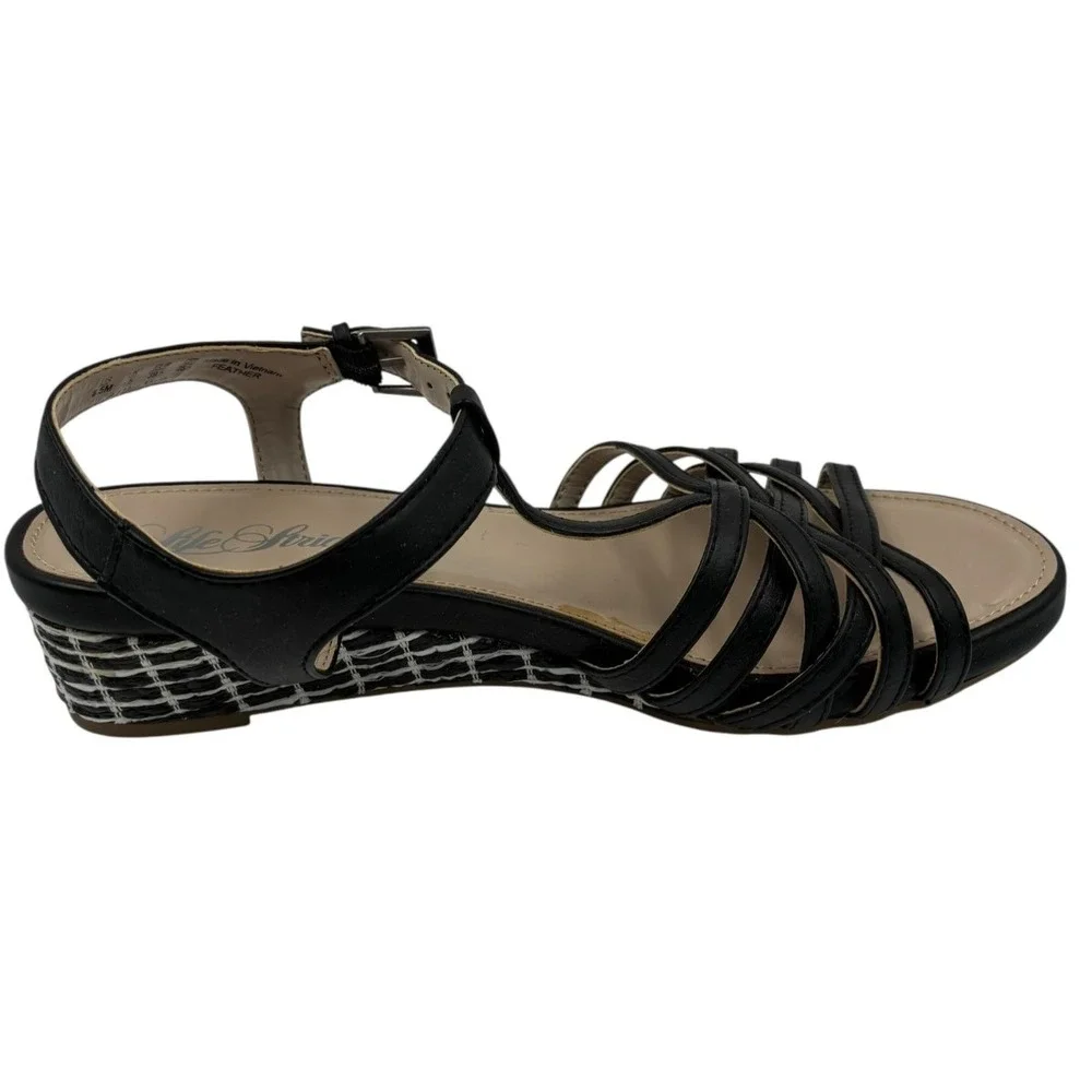 Life Stride Wedge Heel Sandals Ankle Strap Black Feather ‎ 8.5